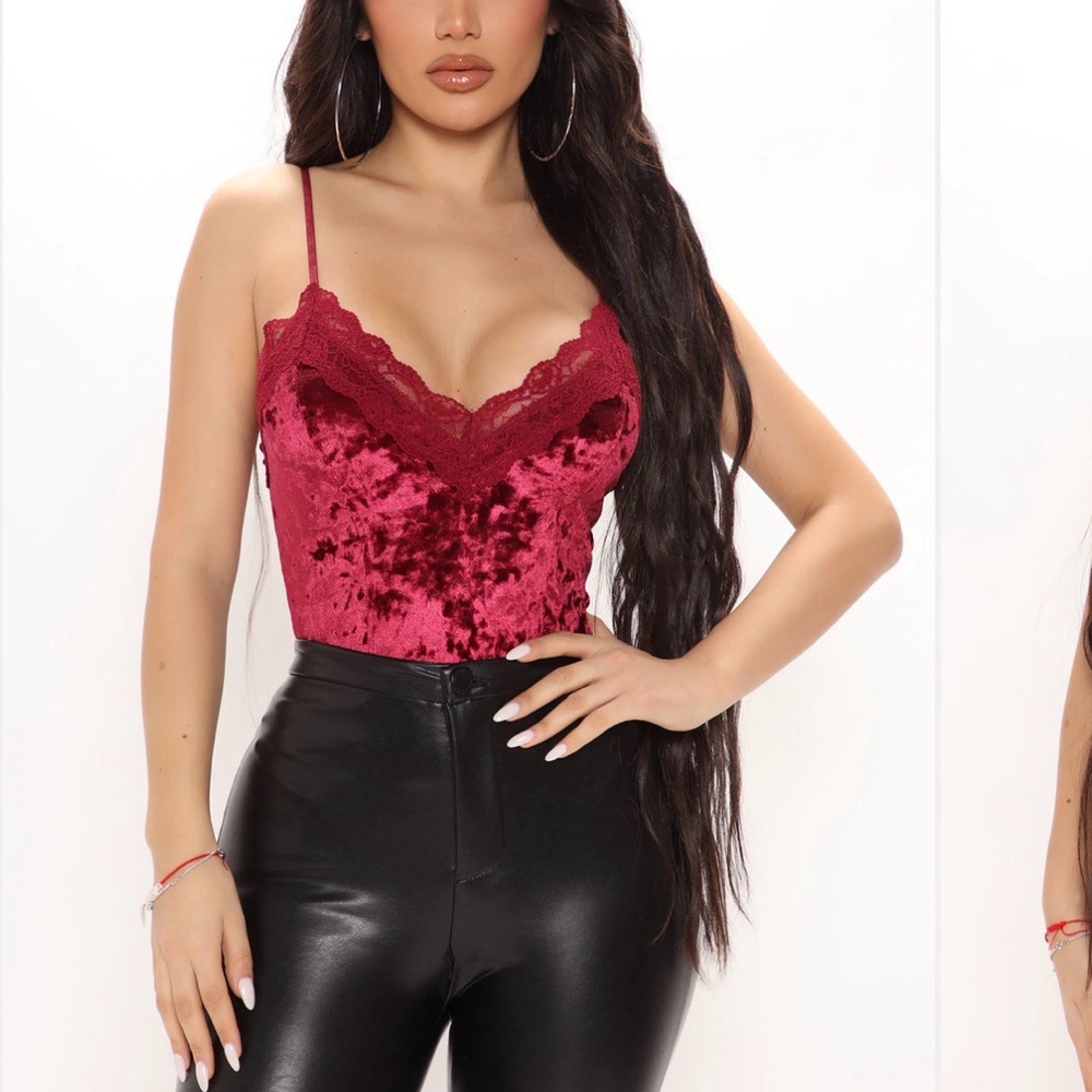 Fashion Nova Burgundy Velvet Lace Bodysuit